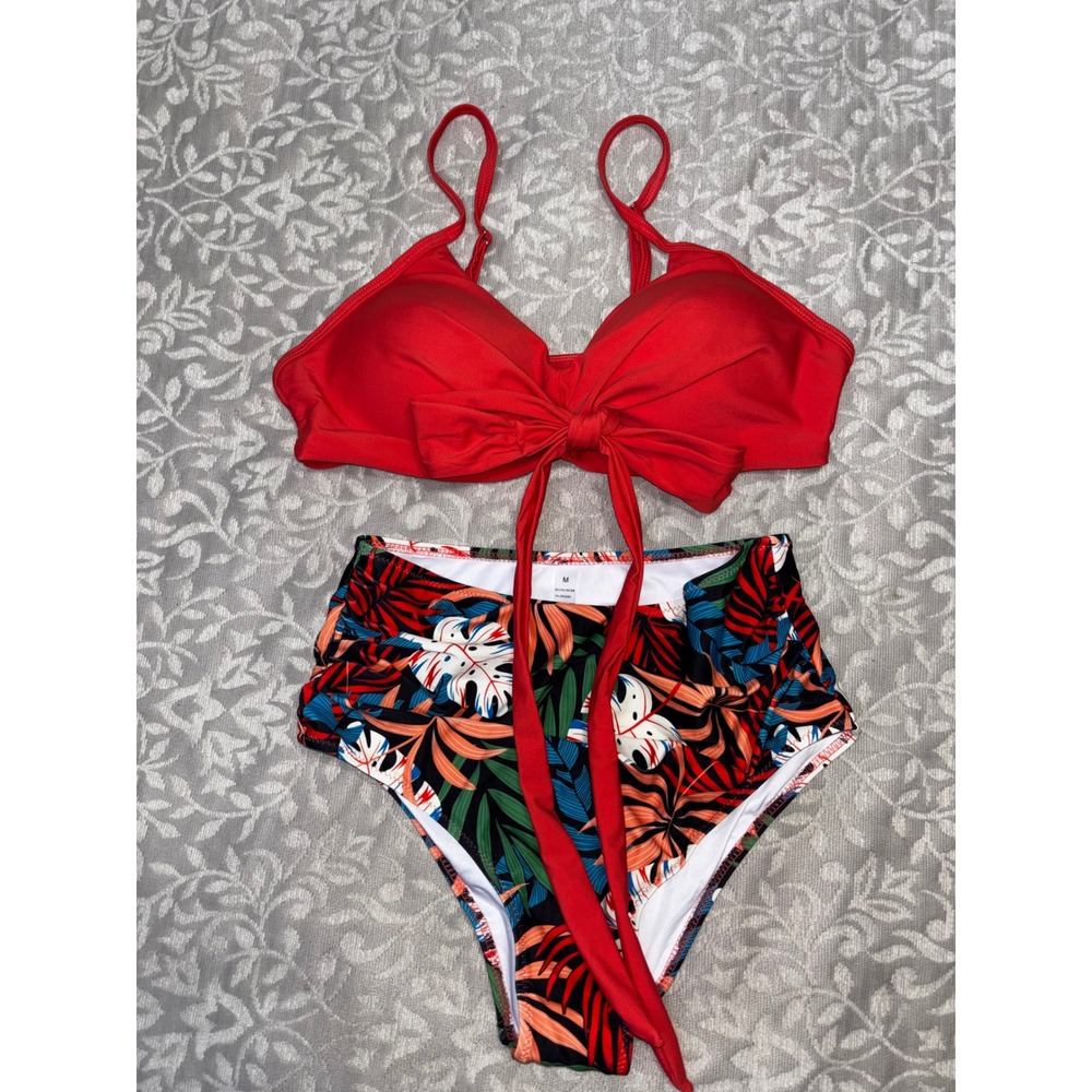 Tie Front Bikini Set Tropical High Waisted Size M‎ (E33)